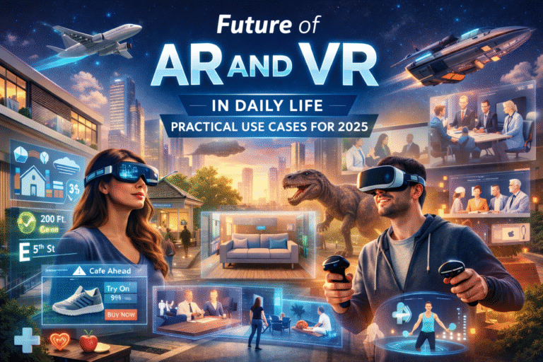 Person using AR glasses and VR headset interacting with smart home devices, virtual classroom, and immersive gaming in a futuristic digital environment.