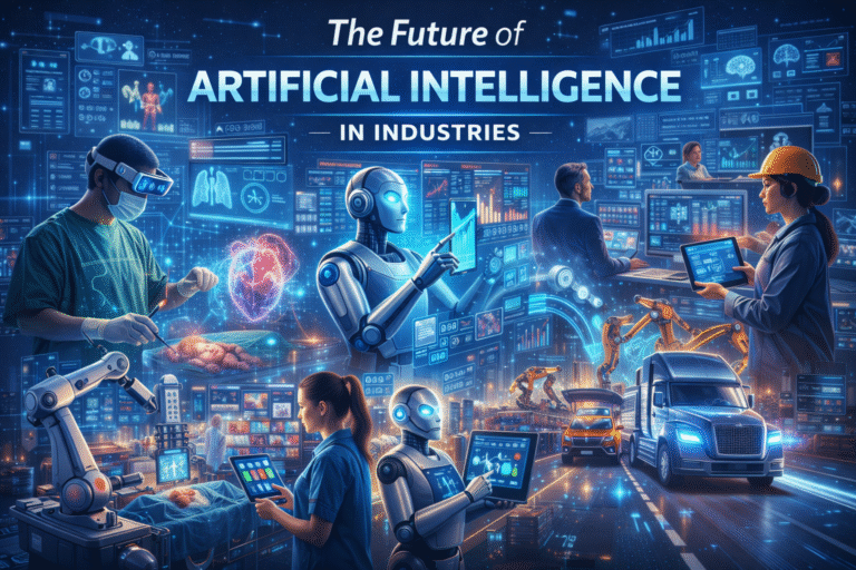 future of artificial intelligence in industries showing AI automation and smart technology