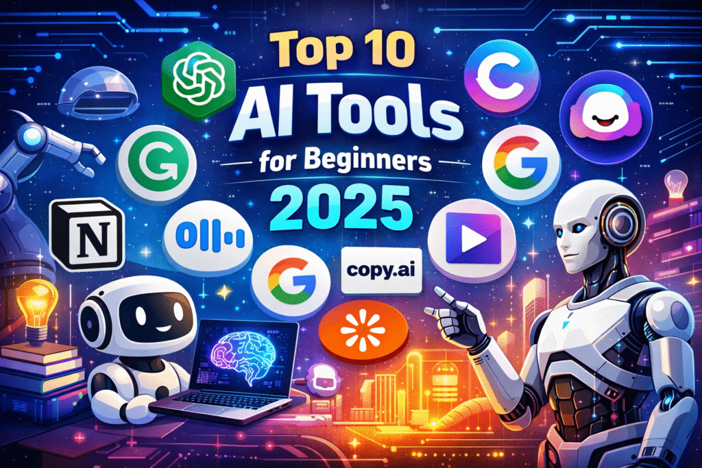 Illustration of top AI tools for beginners in 2025 with futuristic robots, AI software icons, and digital technology elements.