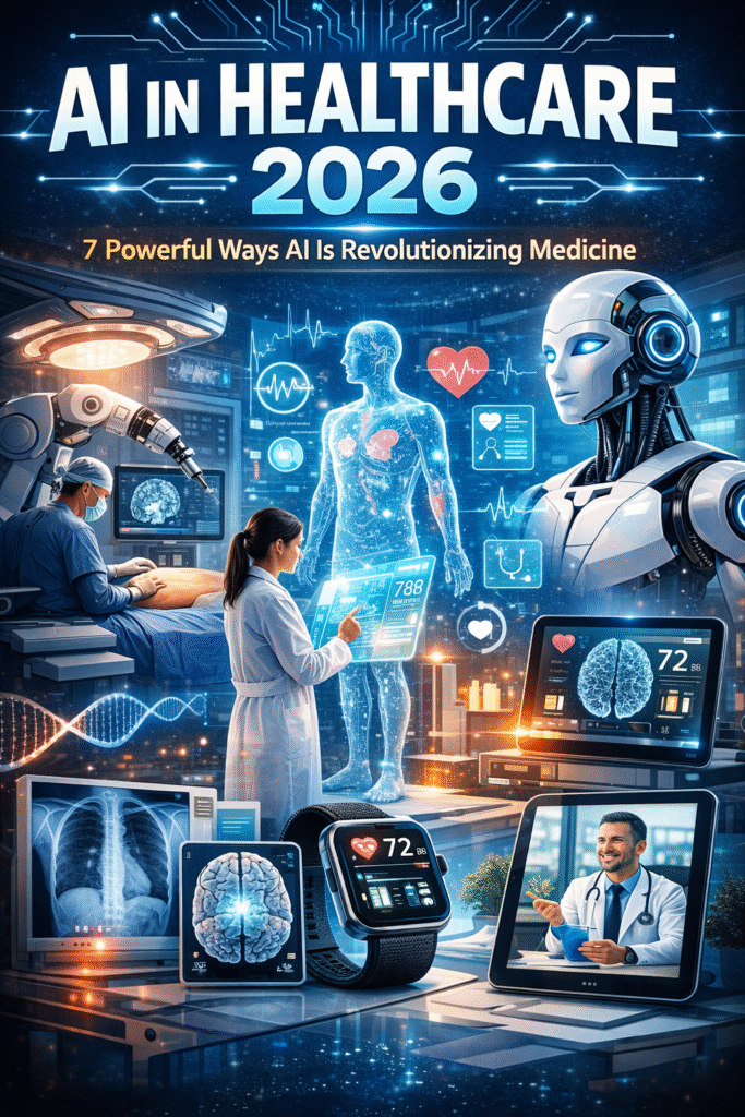 AI in healthcare 2026 showing artificial intelligence improving medical diagnosis, robotic surgery, and patient care