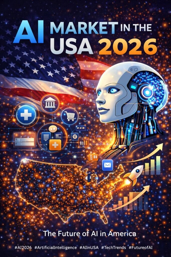 AI Market in the USA 2026 showing artificial intelligence growth, digital transformation, and future technology trends across industries in the United States.