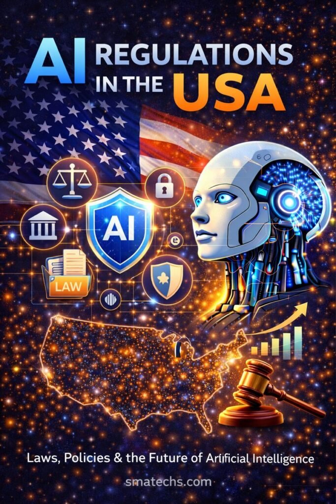 AI regulations in the USA illustrated with artificial intelligence, government laws, data security, and future technology policies