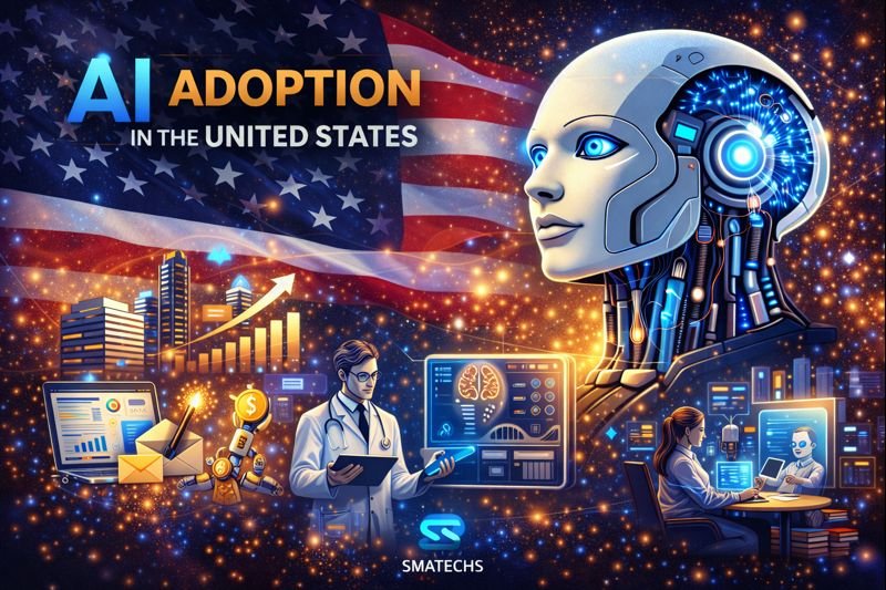 AI adoption in the United States showing artificial intelligence transforming business, healthcare, and technology