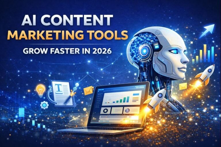 AI content marketing tools illustration showing artificial intelligence helping digital marketing growth with automation and analytics