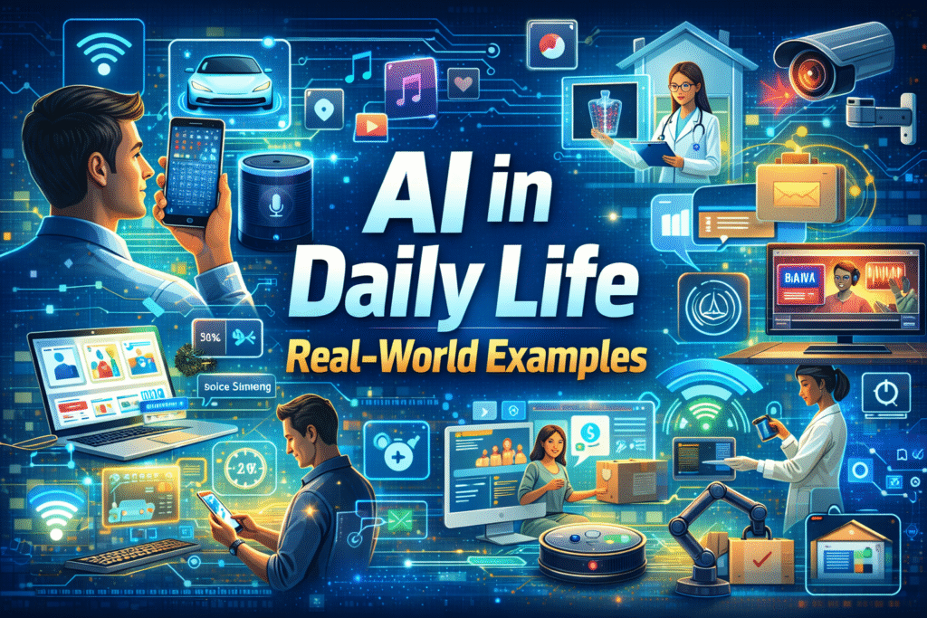 AI in daily life showing real-world examples like smart home devices, voice assistants, healthcare AI, and automation