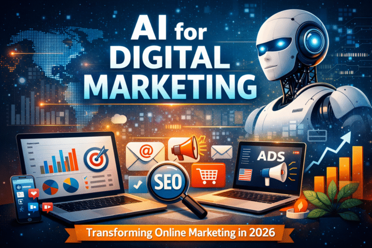 AI for digital marketing showing artificial intelligence tools, SEO analytics, online ads, and smart marketing technology in the USA