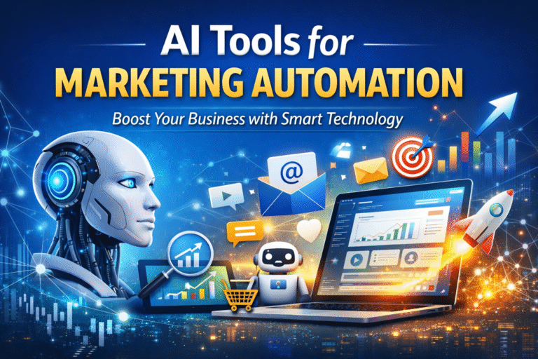 AI tools for marketing automation showing chatbot, email marketing, analytics dashboard, and business growth
