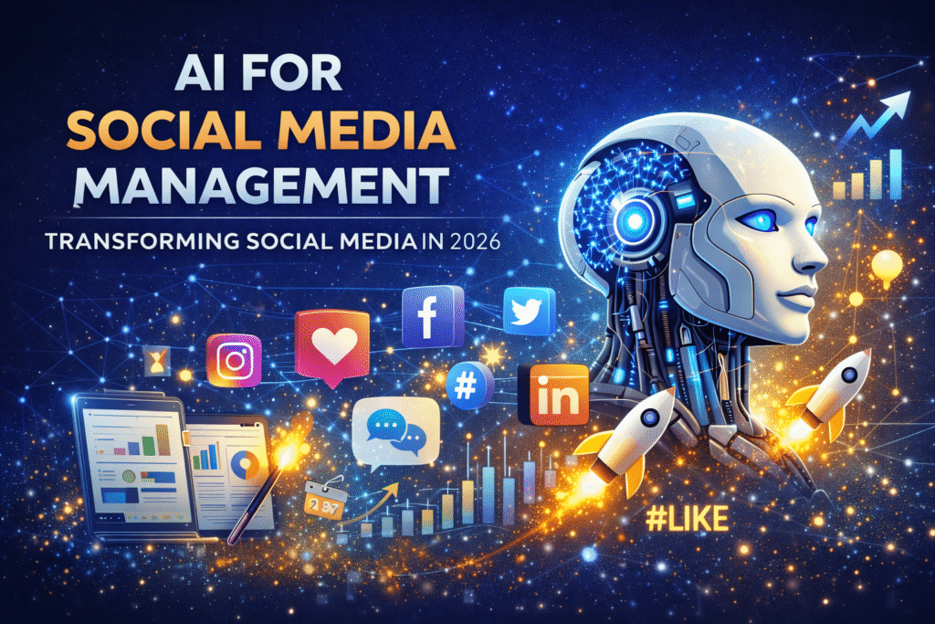 AI for social media management showing artificial intelligence automating social media analytics, scheduling, and content strategy in 2026