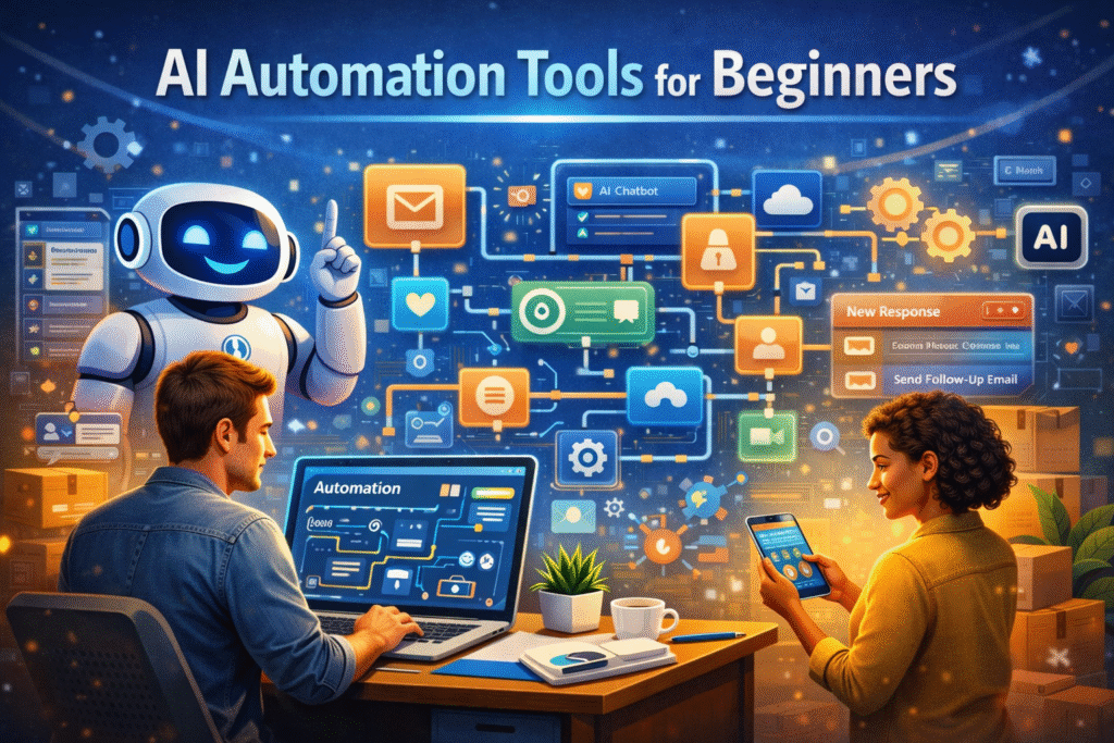 AI automation tools for beginners in 2026 showing smart workflows, chatbot automation, and productivity tools for daily tasks