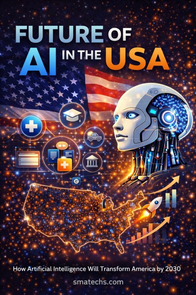 Future of AI in the USA illustration showing artificial intelligence growth across healthcare, education, finance, and technology sectors in America