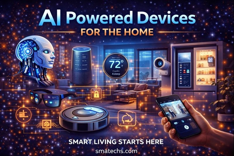 AI-Powered Devices for the Home including smart speaker, robot vacuum, smart thermostat, AI security camera, and connected home automation system