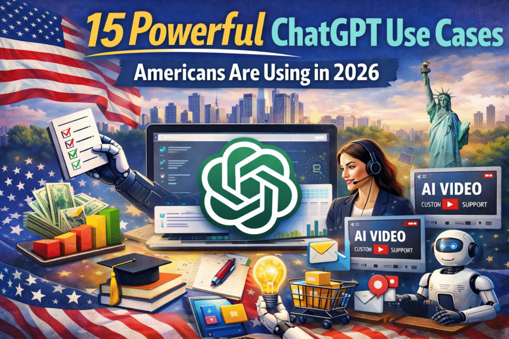 ChatGPT use cases in the United States showing AI tools for business, education, customer support, and daily life in 2026