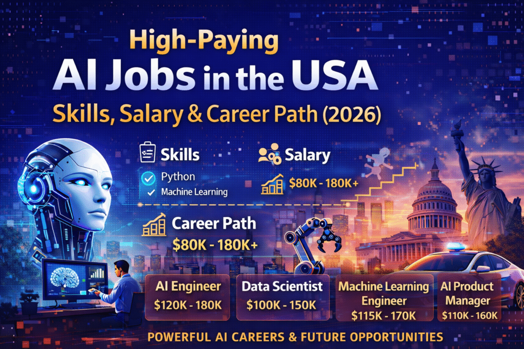 AI jobs in the USA showing high-paying artificial intelligence careers, required skills, salary ranges, and future career paths in 2026