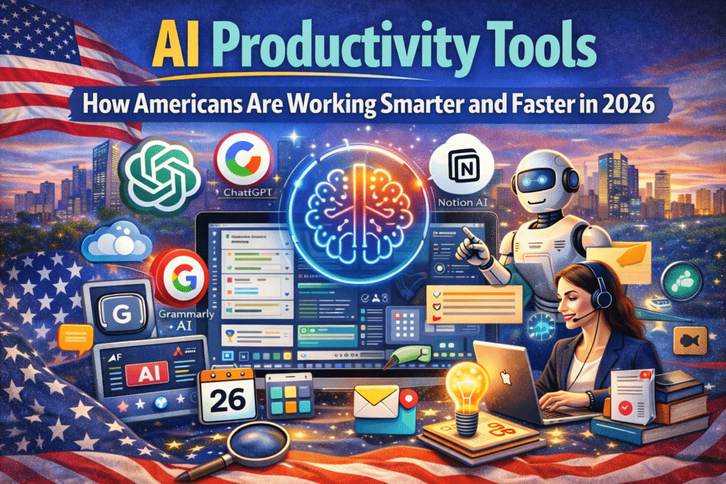 AI productivity tools in the USA showing artificial intelligence helping Americans work smarter and faster in 2026