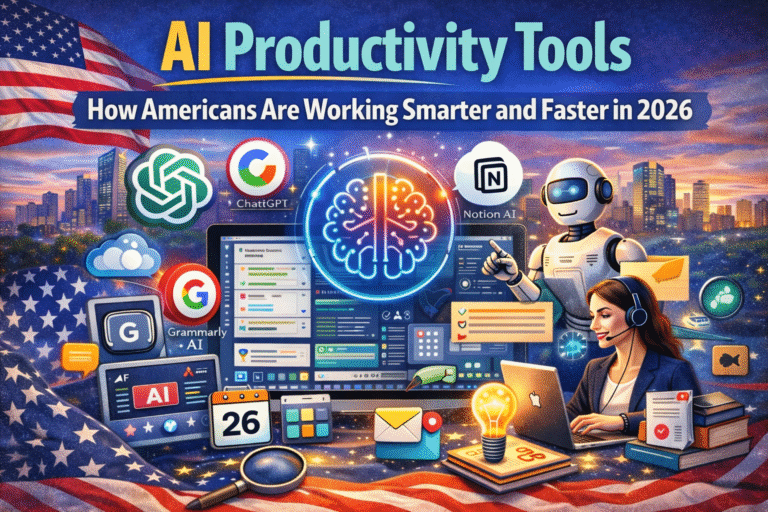 AI productivity tools in the USA showing artificial intelligence helping Americans work smarter and faster in 2026