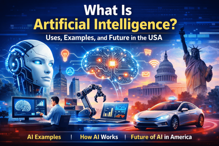 What Is Artificial intelligence concept showing AI robot, digital brain, and real-life AI examples in the United States