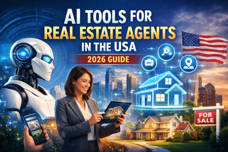 AI Tools for Real Estate Agents Professional digital illustration showing a real estate agent using AI tools on a tablet with modern buildings and USA-themed elements.