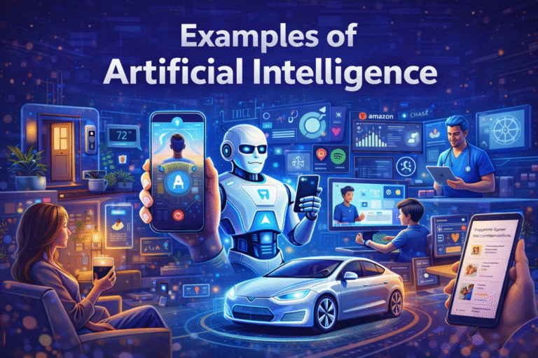 Examples of artificial intelligence in everyday life including smart devices, AI automation, healthcare technology, and intelligent systems