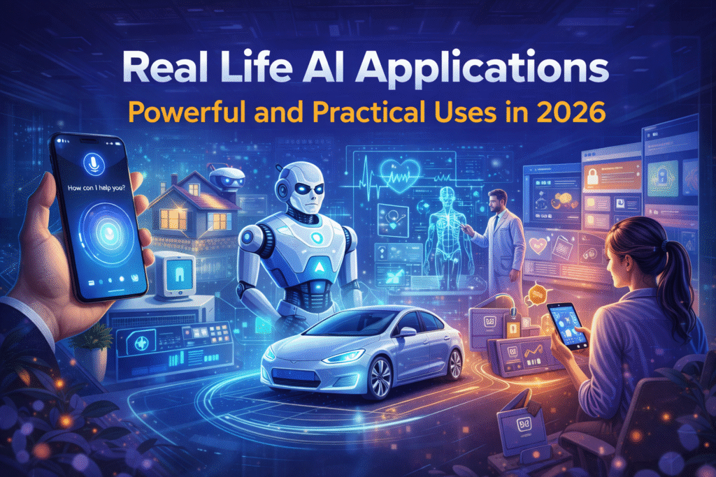 Real life AI applications shown through smart home technology, AI robots, healthcare systems, smartphones, and autonomous vehicles in everyday life (2026)