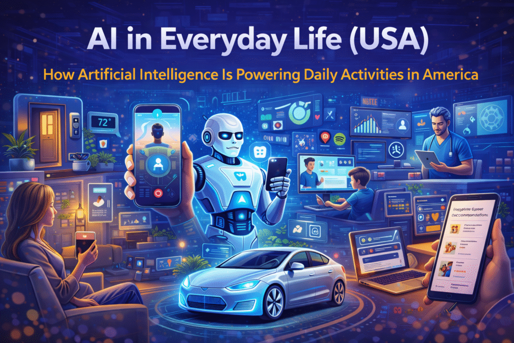 AI in Everyday Life USA showing smart homes, healthcare technology, smartphones, autonomous vehicles, and AI-powered digital services in 2026