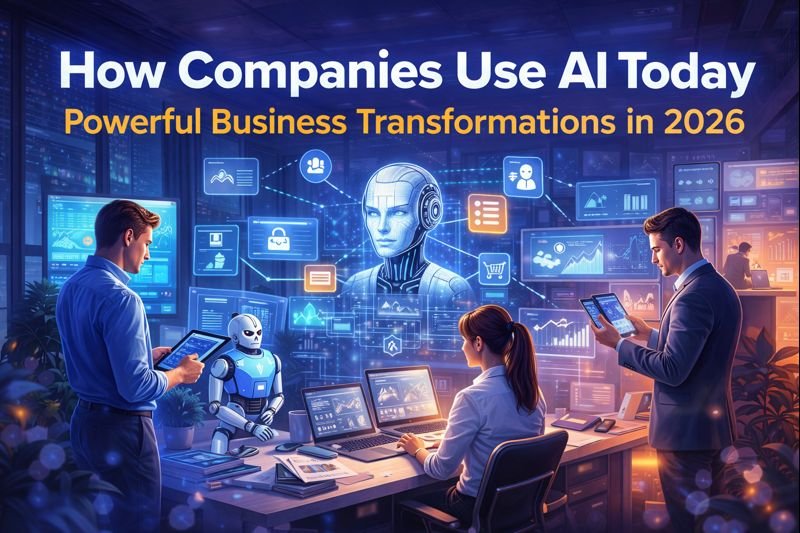 How Companies Use AI Today using laptops and tablets, AI robots, and analytics dashboards showing powerful business transformations in 2026