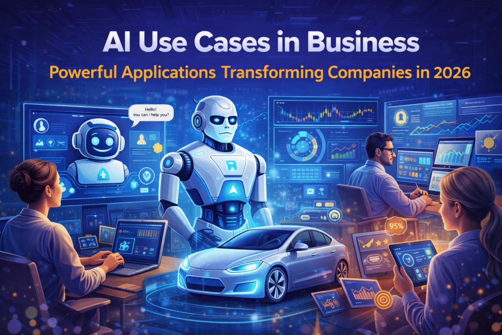 AI use cases in business illustrated through smart analytics, automation systems, customer support chatbots, and data-driven decision-making in 2026